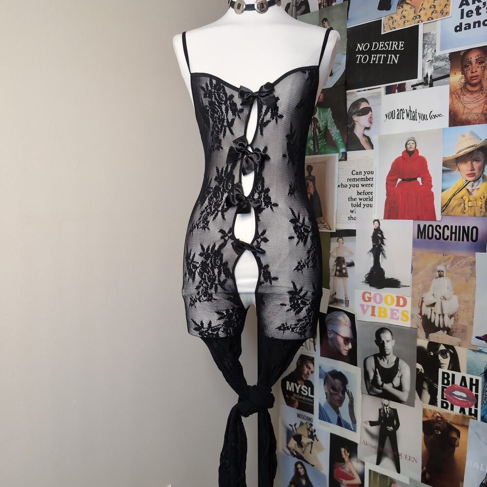 Black Floral Lace Bodysuit with Bows Lingerie